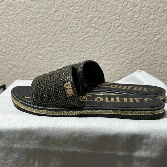 JUICY COUTURE YUMMY CRYSTAL SLIDES SANDALS FLIP FLOP BLACK GOLD size 6 - Picture 8 of 8